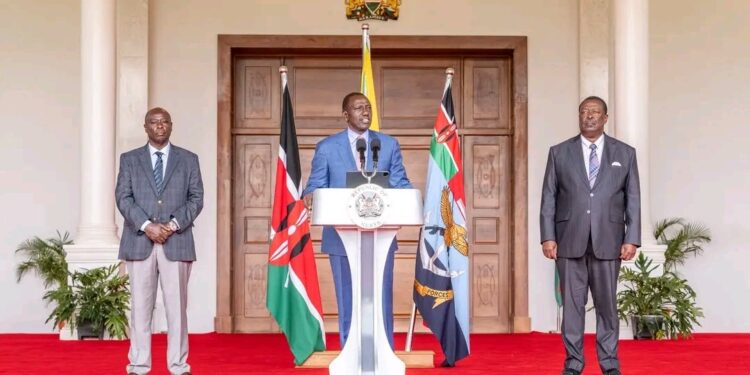 President Ruto at the center, together with the Deputy President, Rigathi Gachagua, at the left and Prime Cabinet Secretary at the right during the announcement of the new cabinet nominees.