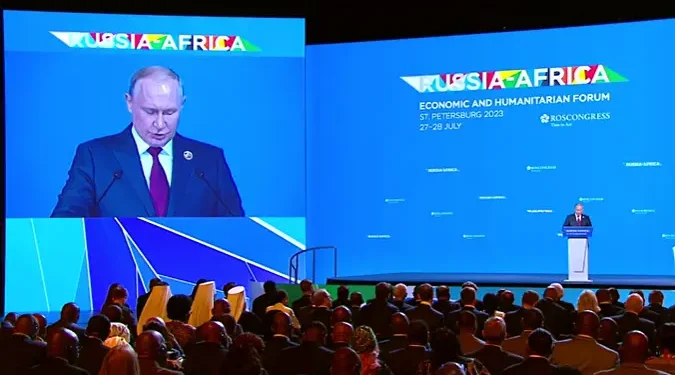 Russian President Vladimir Putin addresses African heads of state during the Russia-Africa Economic and Humanitaria Forum at St. Petersburg, Russia, on July 27, 2023