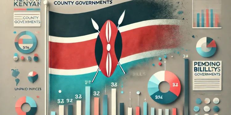 Kenyan flag with a bar chart illustrating pending bills in county governments, highlighting financial burdens