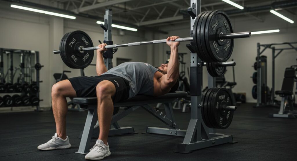 Proper bench press form with correct grip and bar path