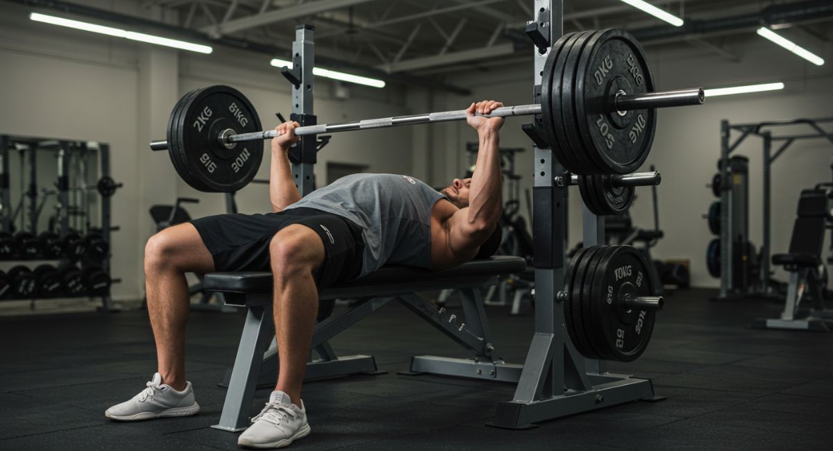 Proper bench press form with correct grip and bar path