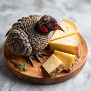 Rustic wheel of grouse cheese on wooden board with herbs and bread.