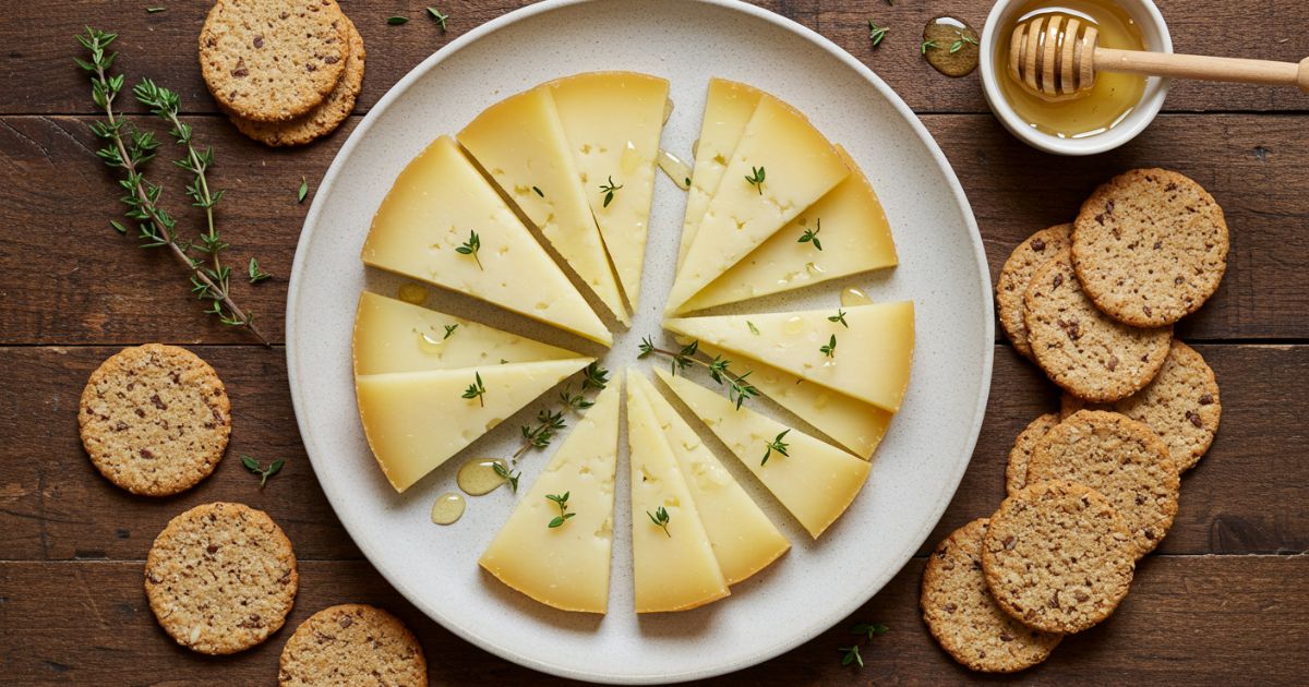 Rustic wheel of grouse cheese on wooden board with herbs and bread.