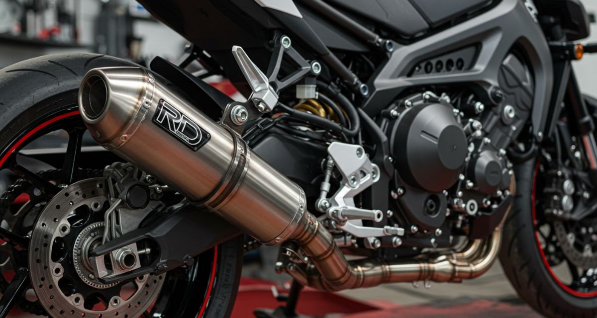 Escapamento RD exhaust system on Yamaha RD motorcycle showing expansion chamber design and performance styl
